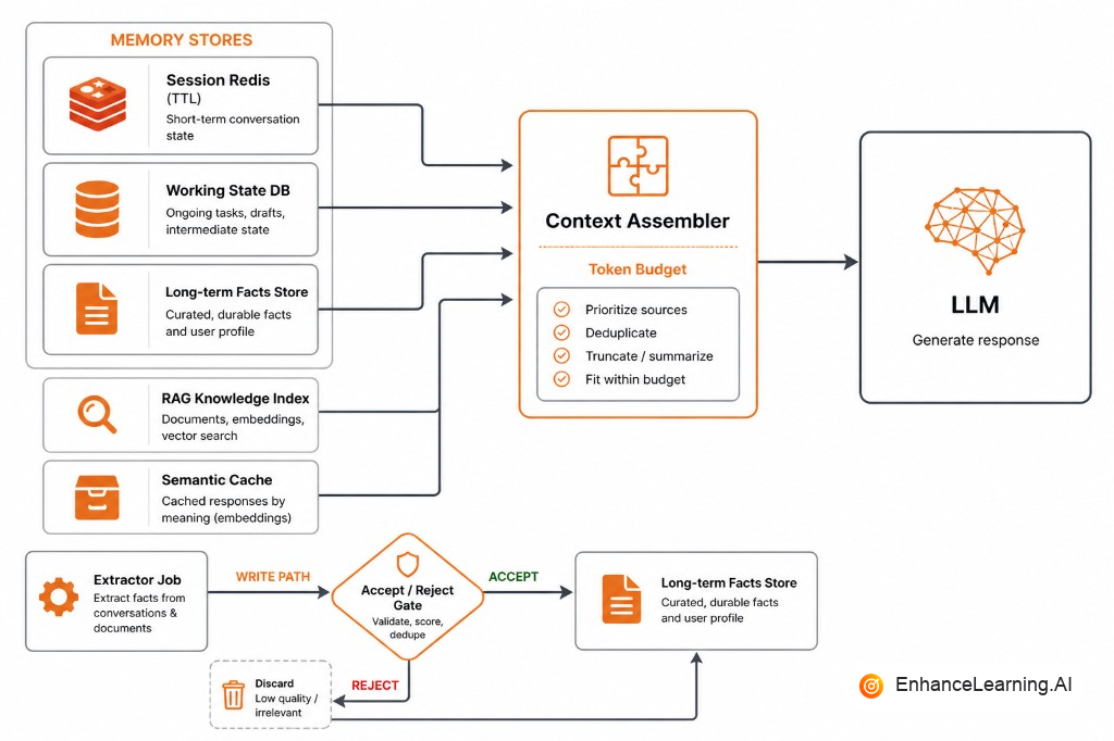 Production memory architecture: session, working, long-term, RAG, and cache stores feeding a token-budgeted context assembler, with an extractor write path | EnhanceLearning.AI