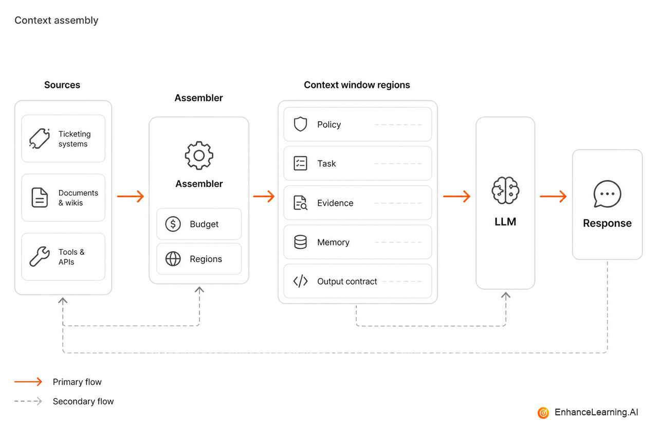 Context assembly pipeline with token budget across policy, task, evidence, and output contract | EnhanceLearning.AI